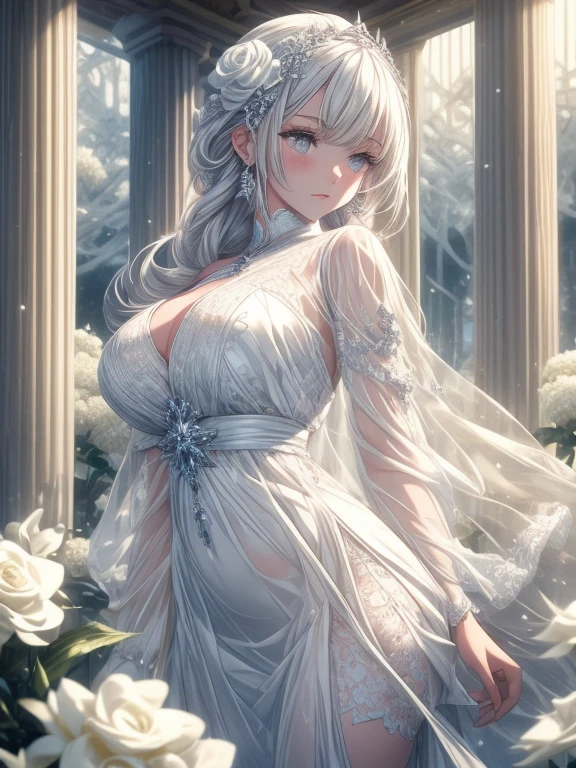 Paradise in Heaven, white light naste piece), (Best Quality), (Cinematic), 8K, (art  stations), Li Yue&#39;s style of painting.(長いWhite hairとSilvery eyesを持つ1人の女), (Beautiful delicate face)、[ particle roux full moon] [Frozen trees々] [landscape crystal] [Lighting] [Ethereal Atmosphere]:1.1] [Fantasy, short story] [soft Lighting] [+Cinematic shot]:1.2 [+art  stations] [+Light white background] [+soft Lighting] [soft glow] [Creative and dynamic angles]:1.3, [+crystal tonina steppiece, ighly detailed, Ultra-detailed, Solo, (pale skin), Silvery eyes, White hair, (snowy background), (snowflake rose flower:1.0), (shining crystals),, (Snowy ground), (sexy white lacy mail、dreamy and detailed, Gorgeous settings, 妖しい雰囲気 masutepiece, The most beautiful scenes, An majestic、(((Filled with white flowers)))、quiet and serene atmosphere、A charming, all white tones,Inside the crystal library,Transparent flowers and falling snow，Many white roses are planted,(flowingwater,falls,water bloom),The decoration is also carefully finished..,Dreamy（ighly detailedです，Creative Design，crisp and precise lines，K HD，best qualtiy，tmasterpiece，超hight resolution，4K）、Beautiful white flower hair ornament in diverse poses))、Beautiful hairstyle、(Best Quality, 4K, 8K, hight resolution, masutepiece:1.2), Ultra-detailed, Detailed expression, Graceful posture, expressive brush strokes, mystic atmosphere, artistic interpretation,Delicate floral jewelry， (((Detailed design、Beautiful dress with sheer lace、see-through little dress)))、(SFW:1.5), (Oversized breasts, best body proportions, The proportion of large breasts,:1.5),(Regular crystal accessories on the arms are decorated in white。))、(((Design with wide open chest)))