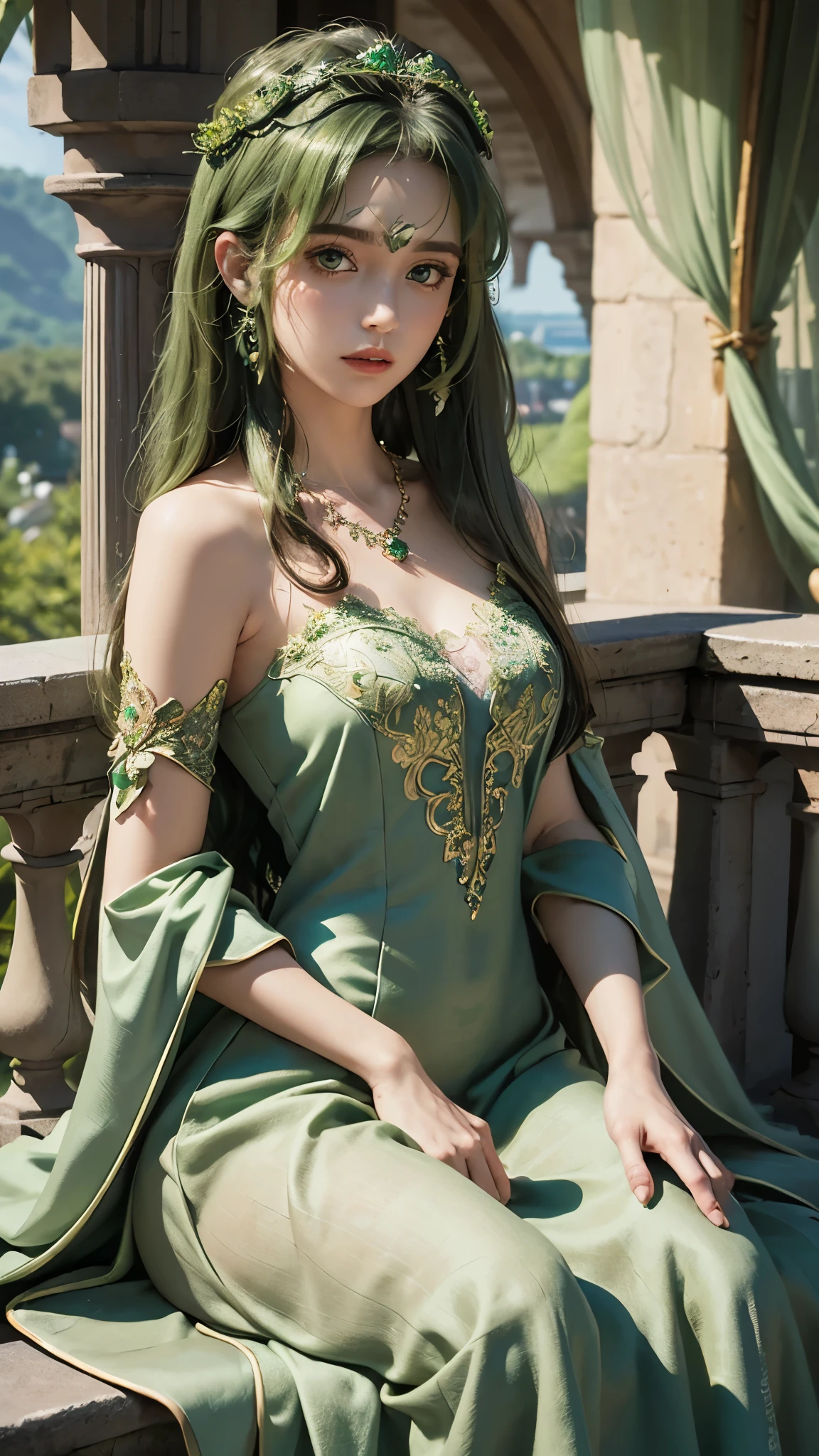 8k, masterpiece, 1 girl, beautiful face, very long hair, hair ornament, light makeup, detailed eyes, small , ultra detailed clothes, (green princess dress:1.5), lace:1.5, ((closed up)), necklace, jewellery, amazing balcony background, sitting,