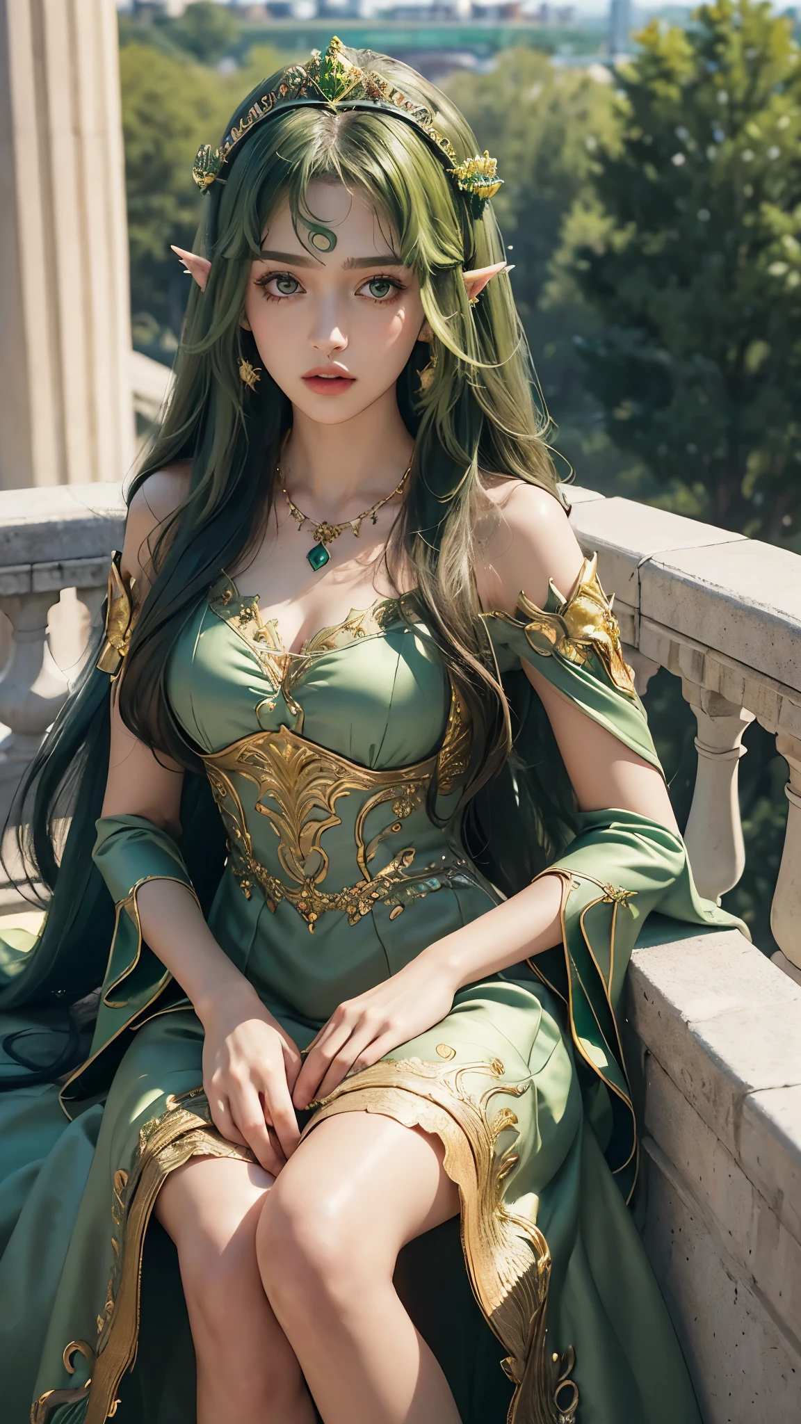 8k, masterpiece, 1 girl, beautiful face, very long hair, hair ornament, light makeup, detailed eyes, small breast, ultra detailed clothes, (green princess dress:1.5), lace:1.5, ((closed up)), necklace, jewellery, amazing balcony background, sitting,