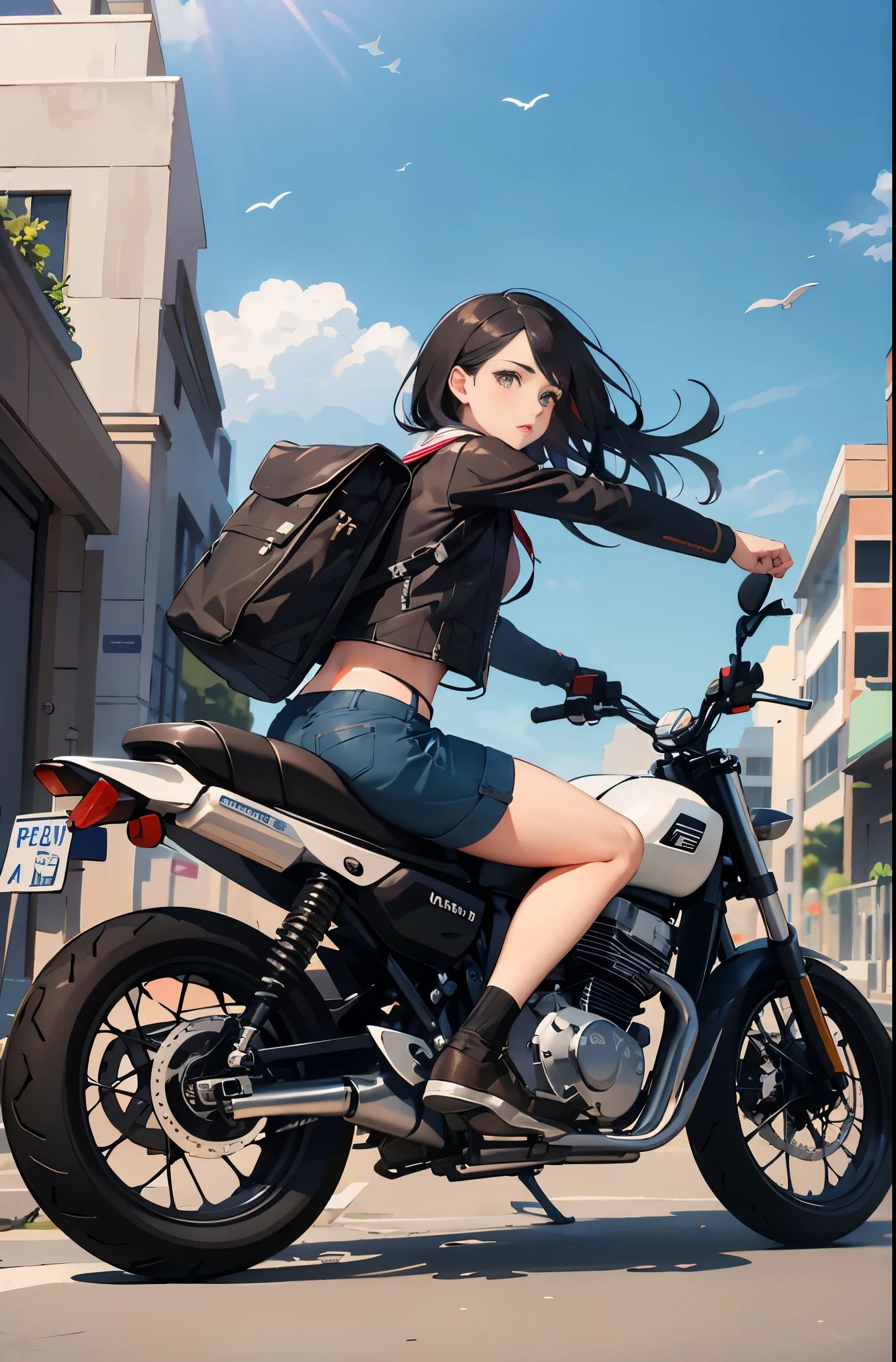 girl ,,walking with friends ,,,in the school yard,,riding a motorcycle
