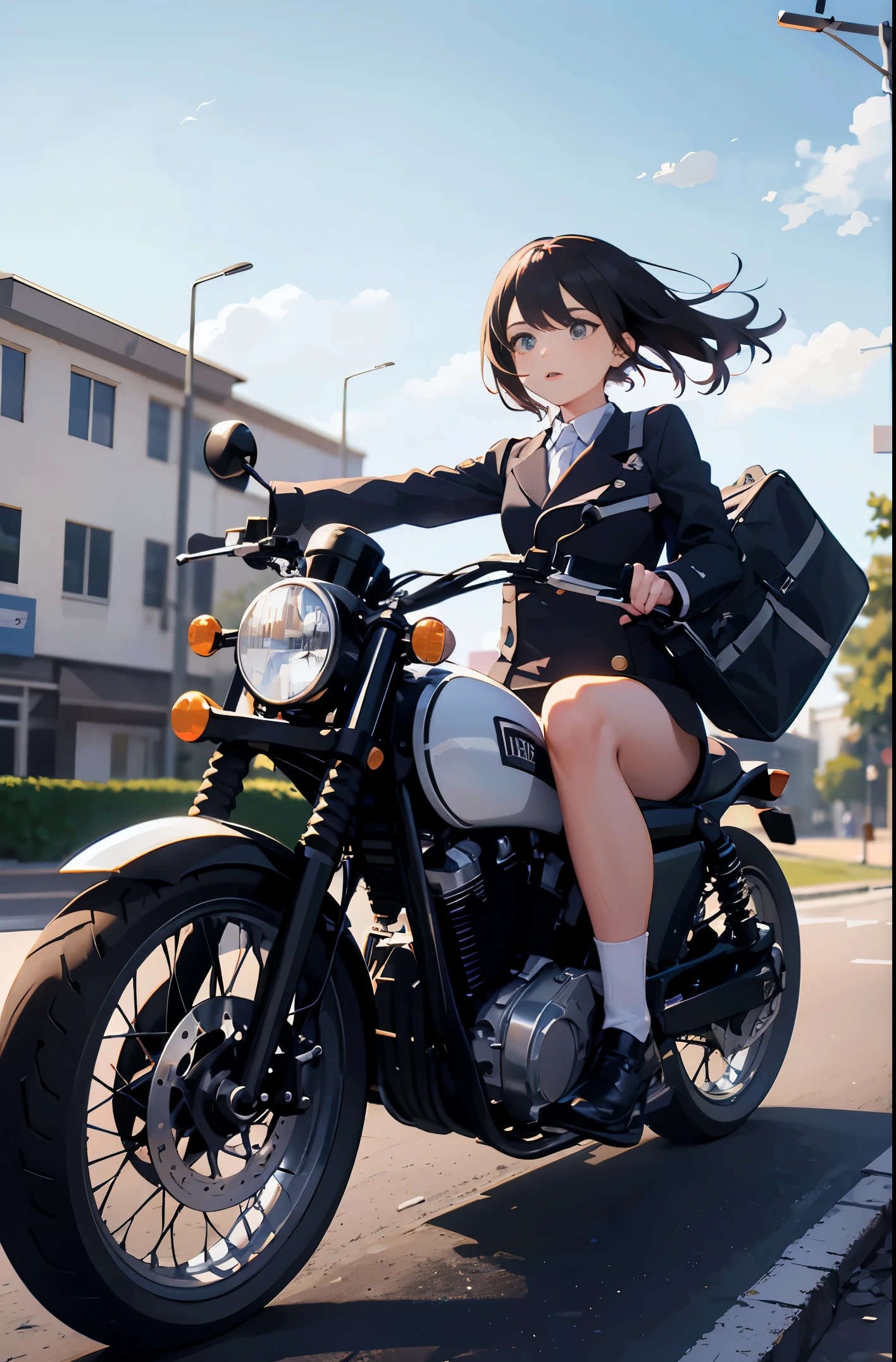 girl ,,walking with friends ,,,in the school yard,,riding a motorcycle