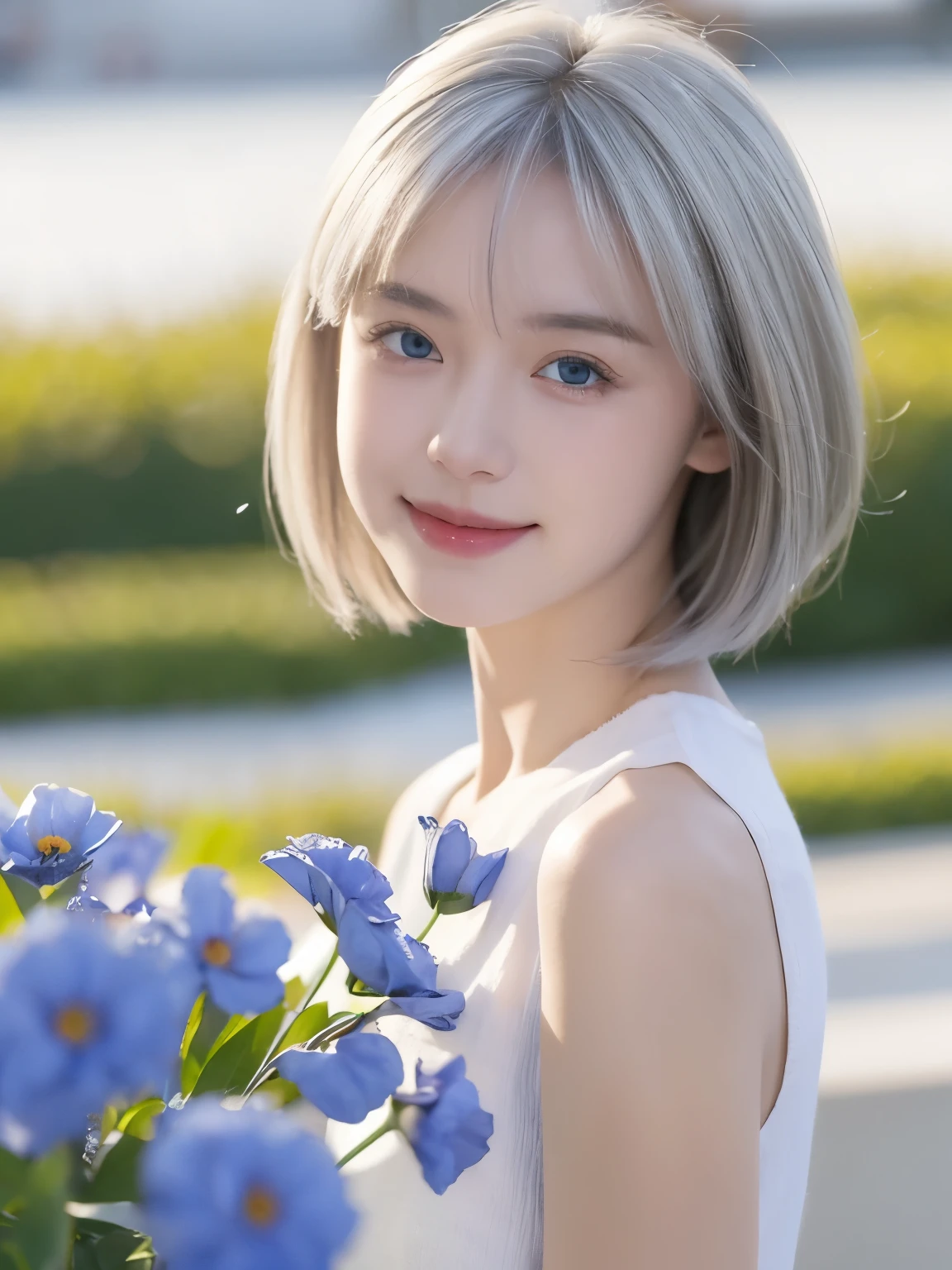 1 girl, Bethel, eBlue eyes, of shoulders, , medium , short detailed hair, White hair, hair covering one eye, By bangs, mitts, Sleeveless, Alone, The shirt, fingerless mitts, white The shirt, Sleeveless The shirt, Place your arms behind your back, cropped shoulders, horn, ssmile, (tmasterpiece), (Best quality at best), (ultra - detailed), Indoorackgound, Blue flowers,