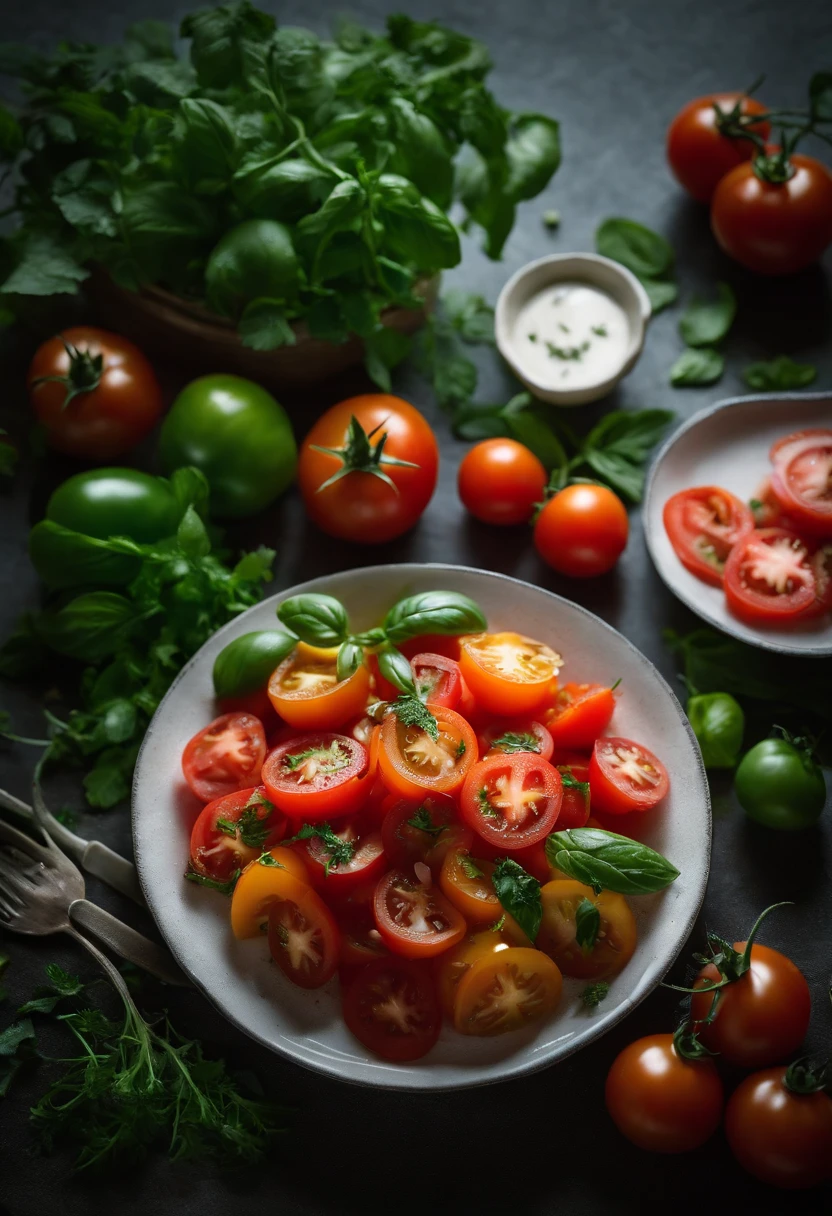a high-angle shot of a tomato salad, featuring a variety of sliced tomatoes, fresh herbs, and other colorful ingredients, creating an appetizing and visually appealing composition