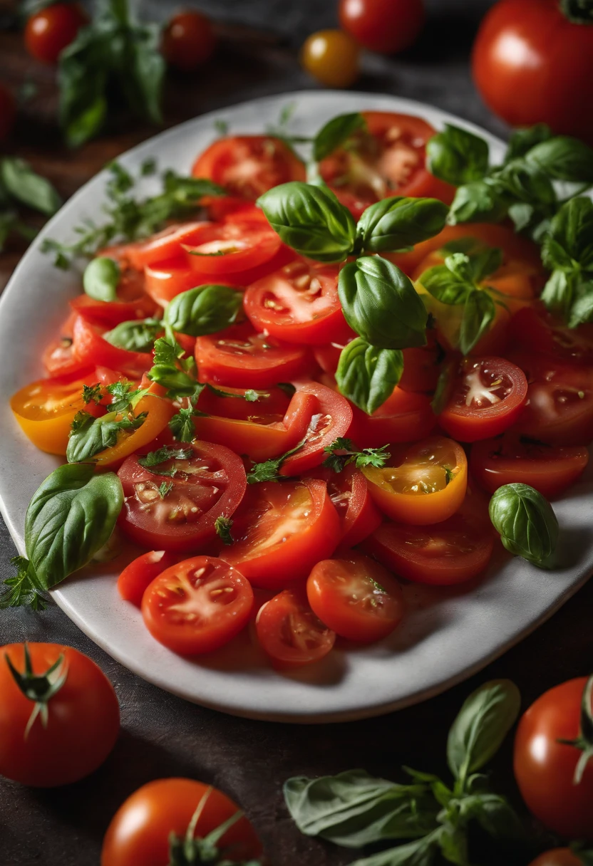 a high-angle shot of a tomato salad, featuring a variety of sliced tomatoes, fresh herbs, and other colorful ingredients, creating an appetizing and visually appealing composition