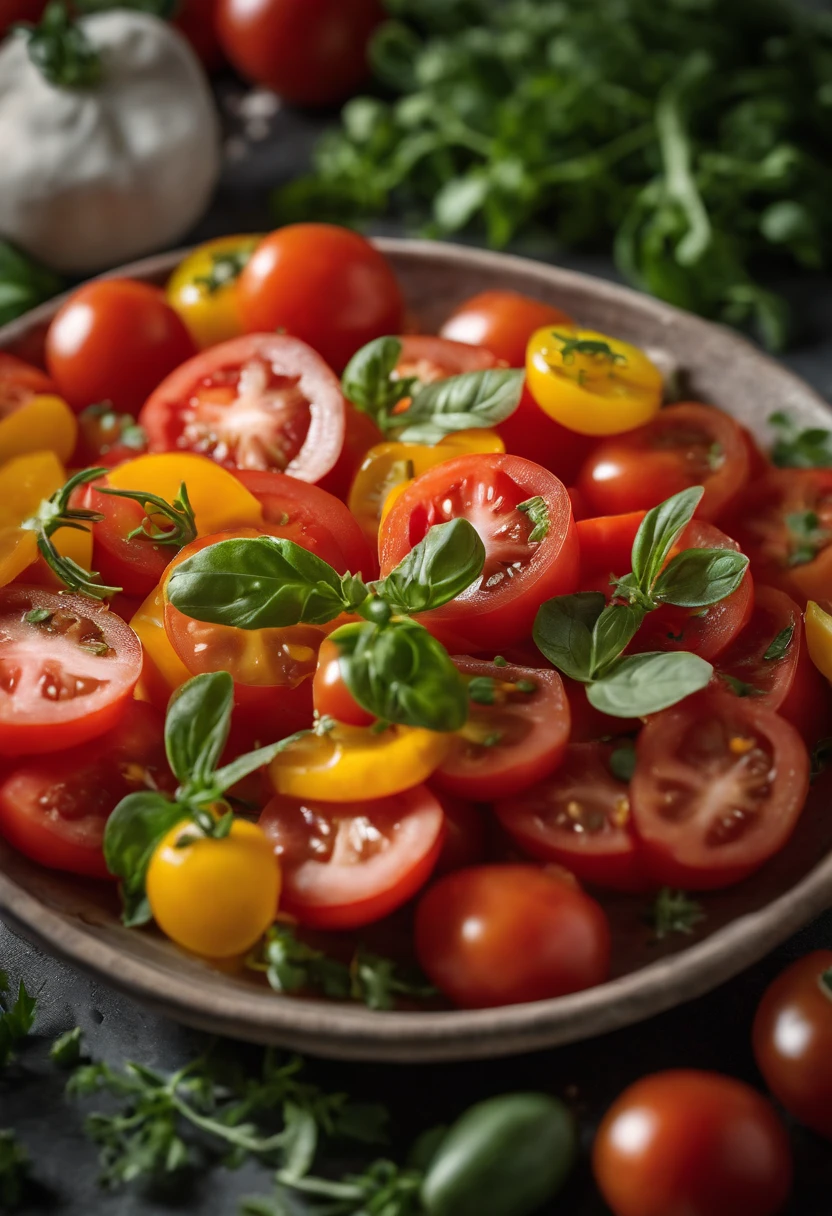 a high-angle shot of a tomato salad, featuring a variety of sliced tomatoes, fresh herbs, and other colorful ingredients, creating an appetizing and visually appealing composition