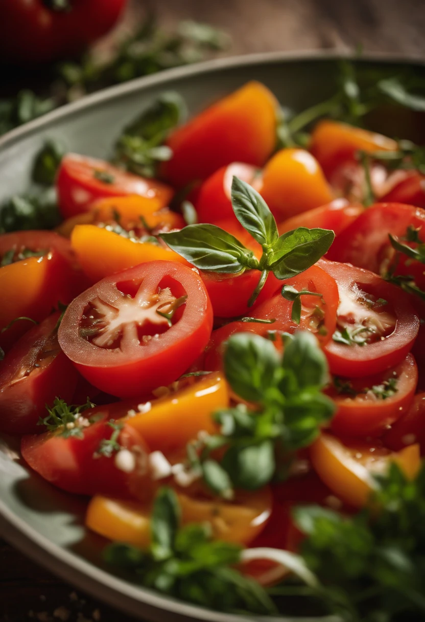 a high-angle shot of a tomato salad, featuring a variety of sliced tomatoes, fresh herbs, and other colorful ingredients, creating an appetizing and visually appealing composition