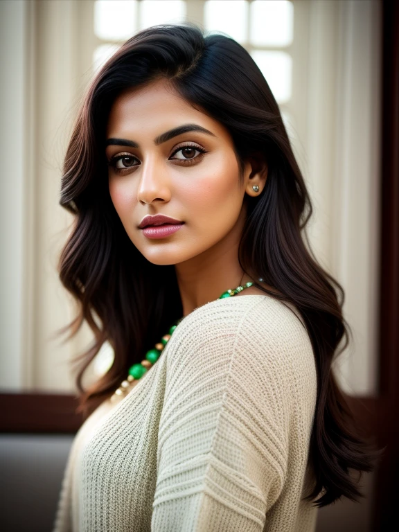 Portrait of Indian most beautiful and attractive serious Punjabi woman in her 30s as a beautiful female model, Georgia Fowler, beautiful face, with short dark brown hair, i dramatic lighting, trending on art-station, portrait, digital art, modern, sleek, highly detailed, formal, determined, pink liner lipstick, soft lips, + She is wearing a pale green designer [[Sweater Dress]] charm, [[bokeh, watercolor-like, glittering, mystic, ample breassts, 36D,]]