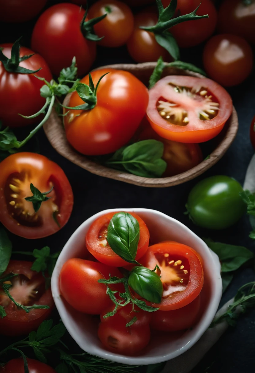 a high-angle shot of a tomato salad, featuring a variety of sliced tomatoes, fresh herbs, and other colorful ingredients, creating an appetizing and visually appealing composition