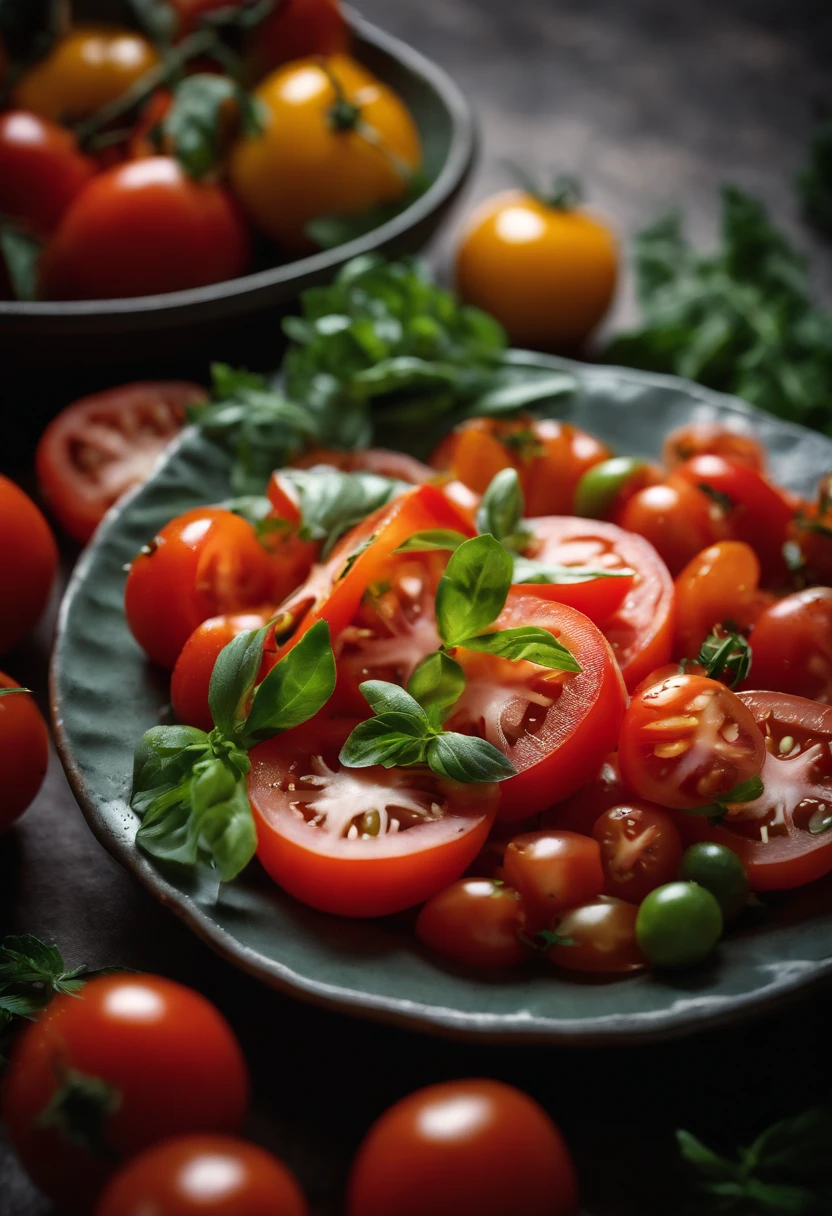 a high-angle shot of a tomato salad, featuring a variety of sliced tomatoes, fresh herbs, and other colorful ingredients, creating an appetizing and visually appealing composition