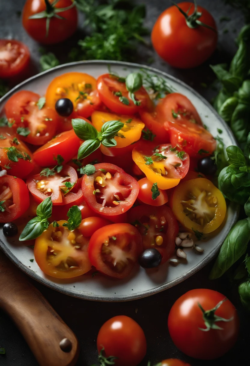 a high-angle shot of a tomato salad, featuring a variety of sliced tomatoes, fresh herbs, and other colorful ingredients, creating an appetizing and visually appealing composition