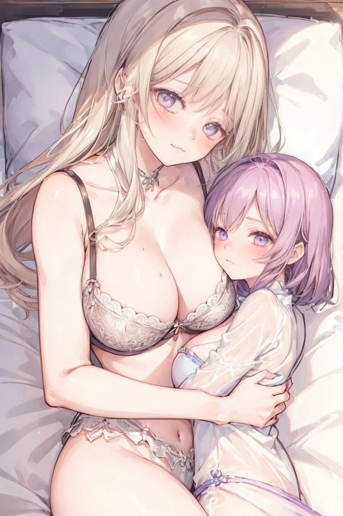 (2girls:2), (a girl sleeping on a giantess breasts: 1.2), (girl sleeping on the breasts of a giantess: 1.2), a giantess looming over a girl, (giantess girl and a girl: 1.1), (giantess:1.2), giant bed, very detailed, (height_difference:1.5), (breasts closeup: 1.3), bra, pajamas, cleavage, fantasy, very detailed, beautiful, professionally drawn, (huge breasts), (cleavage sweat), (anime drawing:1.1), sketch, (anime:1.1), (very cute anime girl), (bright:1.1), (low contrast), collarbone, resting, (prettiest age girl), (mature face: 1.4), (laying down: 1.4), (hugging:1.2), (in a blanket: 1.1)