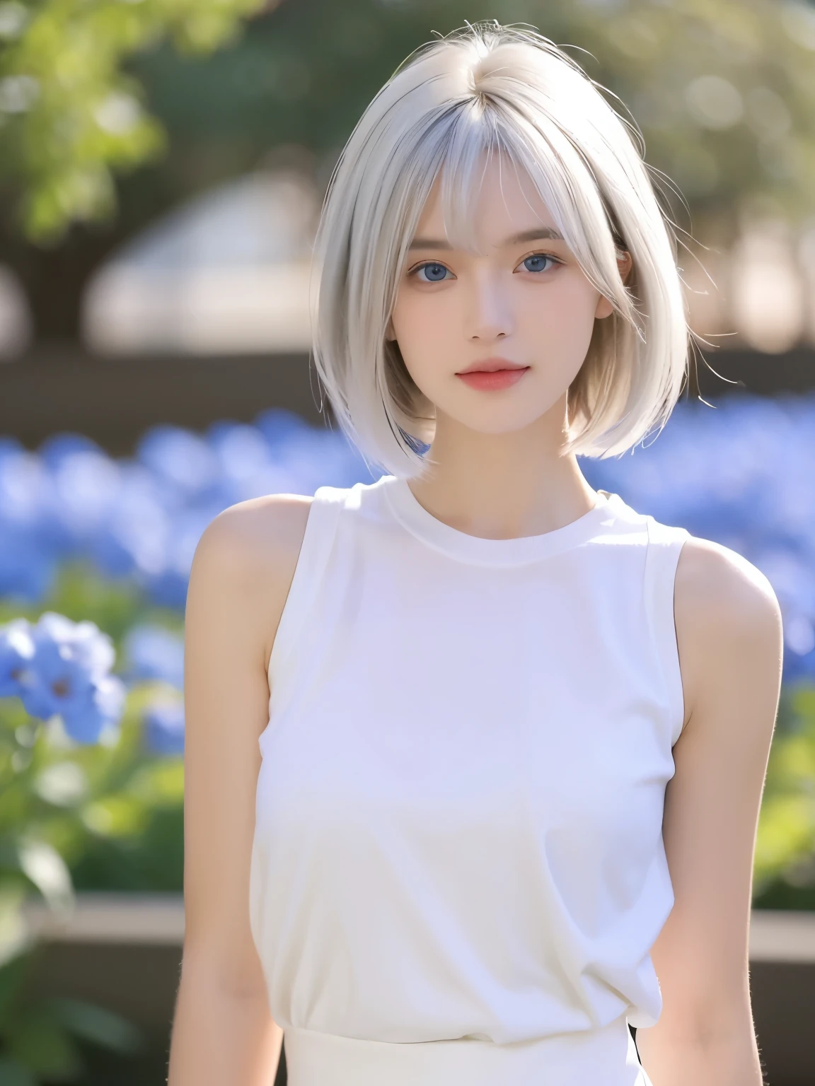 1 girl, Bethel, eBlue eyes, of shoulders, , medium , short detailed hair, White hair, hair covering one eye, By bangs, mitts, Sleeveless, Alone, The shirt, fingerless mitts, white The shirt, Sleeveless The shirt, Place your arms behind your back, cropped shoulders, horn, ssmile, (tmasterpiece), (Best quality at best), (ultra - detailed), Indoorackgound, Blue flowers,