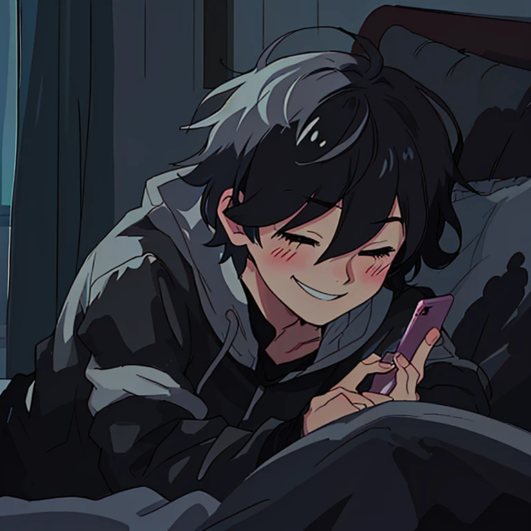 anime boy, short hair, laying in bed with cell phone in hand, smile, blush, eyes close