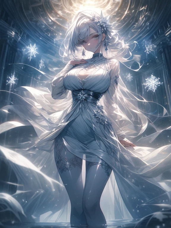 Paradise in Heaven, White lighting,(masutepiece), (Best Quality), (Cinematic), 8K, (art  stations), Li Yue painting style.(長いWhite hairとSilvery eyesを持つ1人の女), (Beautiful delicate face)、[ Particle Lou Full Moon] [Frozen trees々] [landscape crystal] [Lighting] [Ethereal Atmosphere]:1.1] [Fantasy, short story] [soft Lighting] [+Cinematic shot]:1.2 [+art  stations] [+luminous white background] [+soft Lighting] [soft glow] [Creative and dynamic angles]:1.3, [+Crystal Toning] 、masutepiece, ighly detailed, Ultra-detailed, Solo, (pale skin), Silvery eyes, White hair, (snowy background), (snowflake rosen flower:1.0), (shining crystal),, (Snowy ground), (White lashes), Female sexy、dreamy and detailed, Gorgeous setting, 妖しい雰囲気 masutepiece, The most beautiful scenes, An majestic、(((full of white flowers)))、quiet and serene atmosphere、A charming, all white tones,Inside the crystal library,Transparent flowers and falling snow，Many white roses are planted,(flowingwater,falls,water bloom),The decoration is also carefully done.,Dreamy（ighly detailedです，Creative Design，crisp and precise lines，K HD，best qualtiy，tmasterpiece，超hight resolution，4K）、Diverse poses、((beautiful white flower hair ornament))、Beautiful hairstyle、(Best Quality, 4K, 8K, hight resolution, masutepiece:1.2), Ultra-detailed, Detailed expression, Graceful posture, expressive brush strokes, mystic atmosphere, artistic interpretation,Delicate floral jewelry， (((Detailed design、Beautiful lace translucent dress、see-through small dress)))、(SFW:1.5), (Oversized breasts, best body proportions, proportions of large breasts,:1.5),(white decoration on thigh)、((Beautiful crystal accessories on the legs))。((Beautiful crystal accessories on the arm))、(((maikurobikini)))