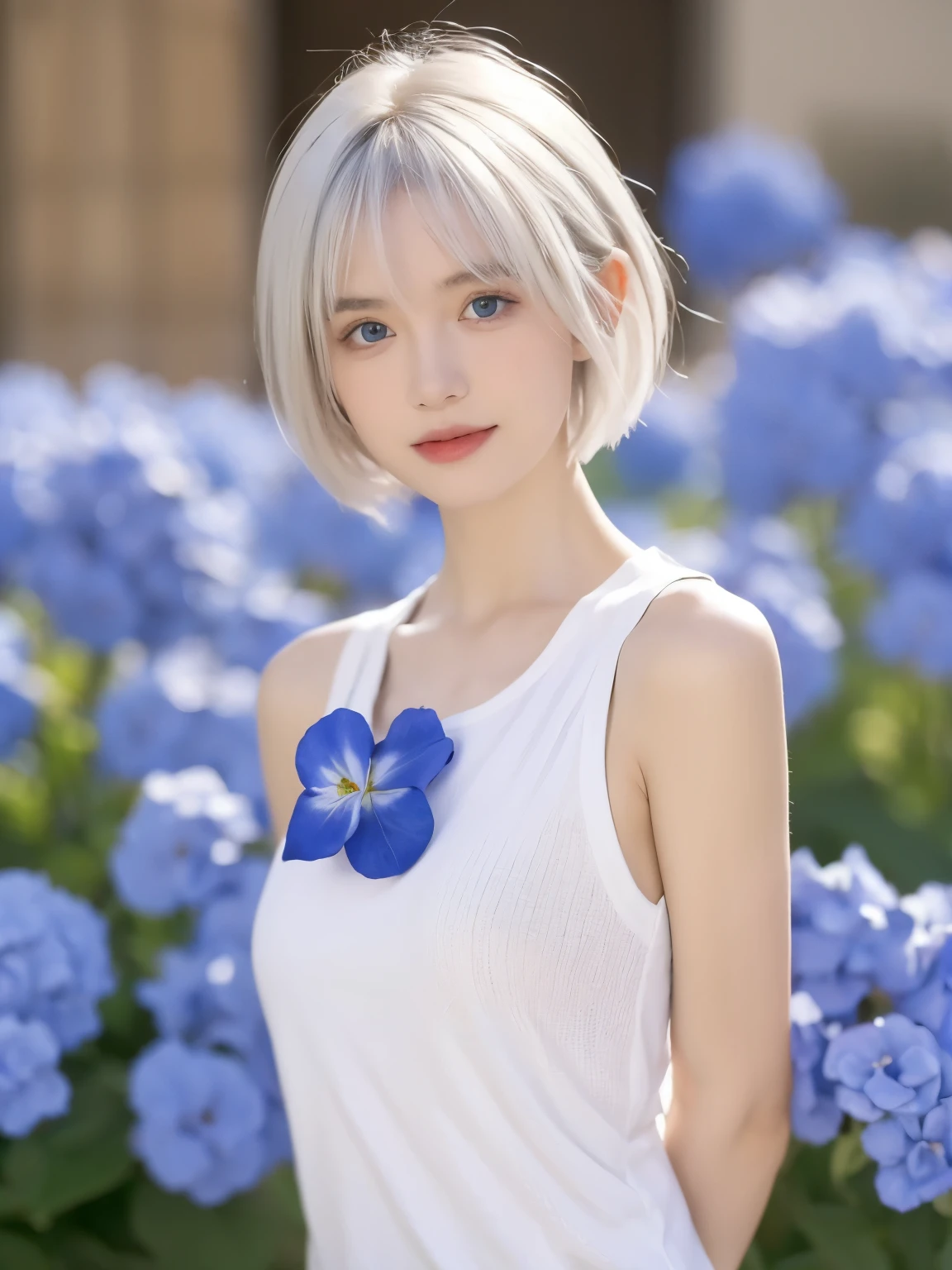 1 girl, Bethel, eBlue eyes, of shoulders, , medium , short detailed hair, White hair, hair covering one eye, By bangs, mitts, Sleeveless, Alone, The shirt, fingerless mitts, white The shirt, Sleeveless The shirt, Place your arms behind your back, cropped shoulders, horn, ssmile, (tmasterpiece), (Best quality at best), (ultra - detailed), Indoorackgound, Blue flowers,