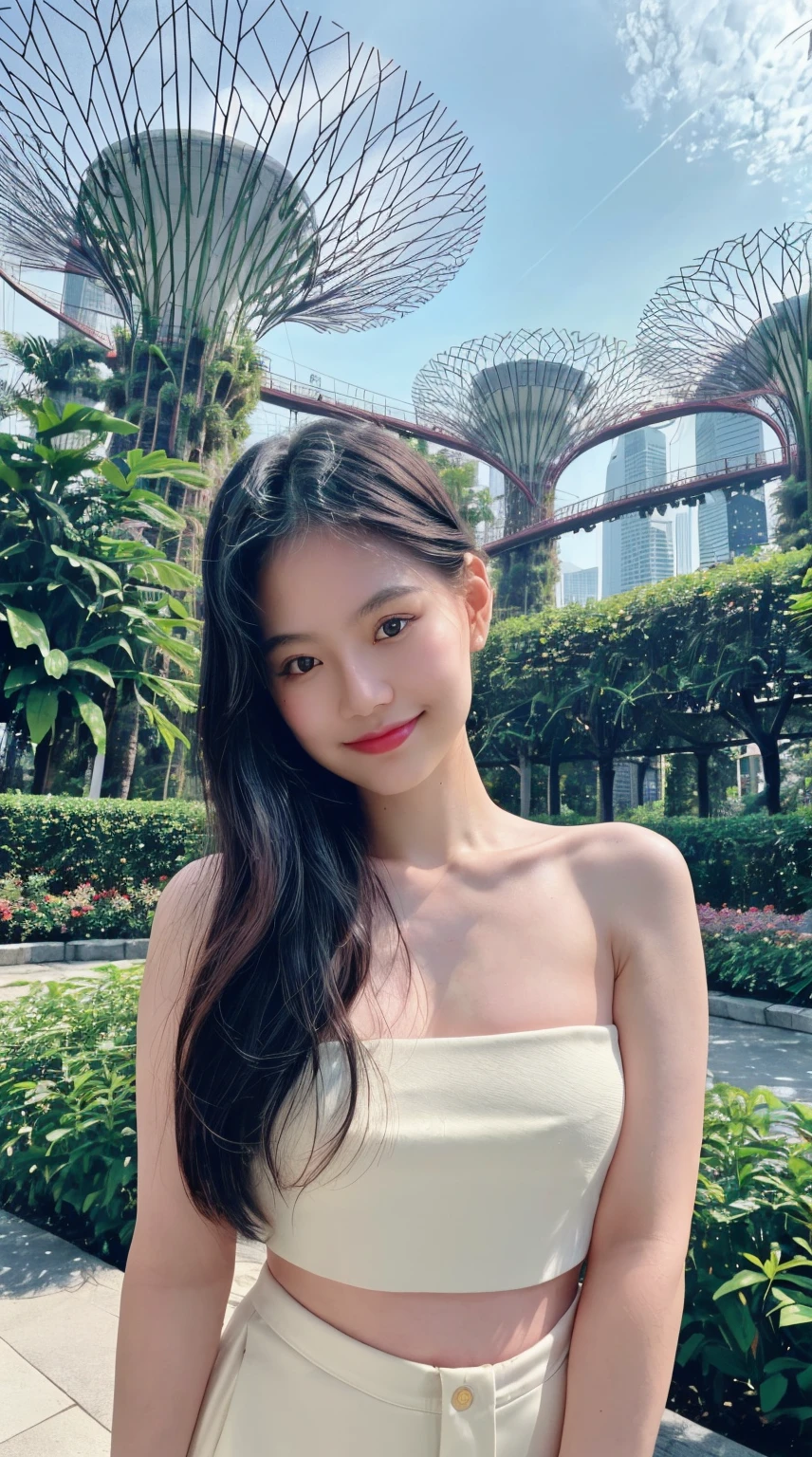1girl, smile, Instagram girl, Instagram style, (indistinguishable from reality:1.4) (8k, masterpiece, best quality, ultra-detailed), surreal gradient contemporary, nature, photography, photography-color, portraits, vibrant (lofi, analog, kodak film), detailed intricate hair, Instagram photo, background gardens by the Bay, singapore, bigogirl02,