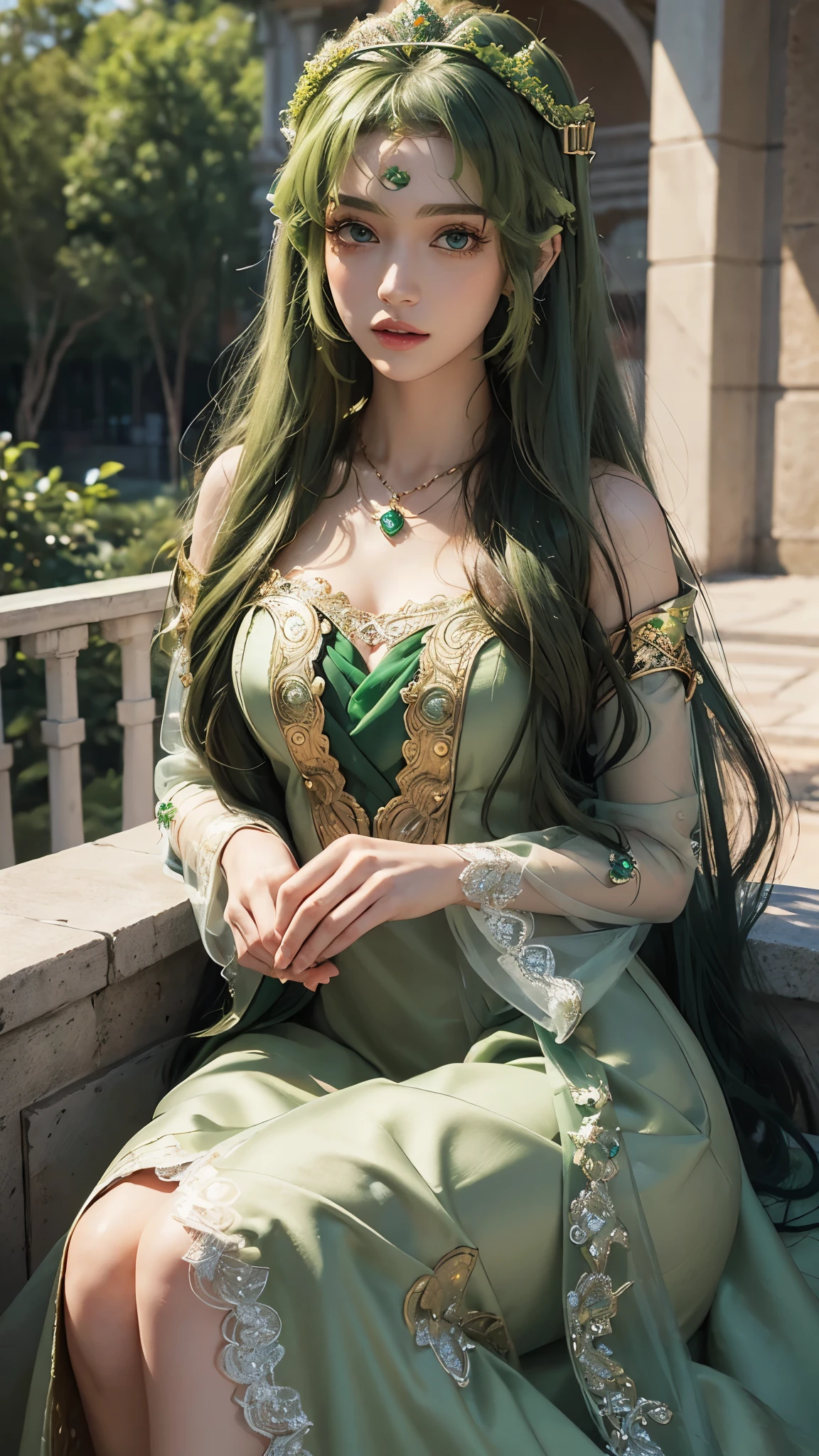 8k, masterpiece, 1 girl, beautiful face, very long hair, hair ornament, light makeup, detailed eyes, small breast, ultra detailed clothes, (green princess dress:1.5), lace:1.5, ((closed up)), necklace, jewellery, amazing balcony background, sitting,