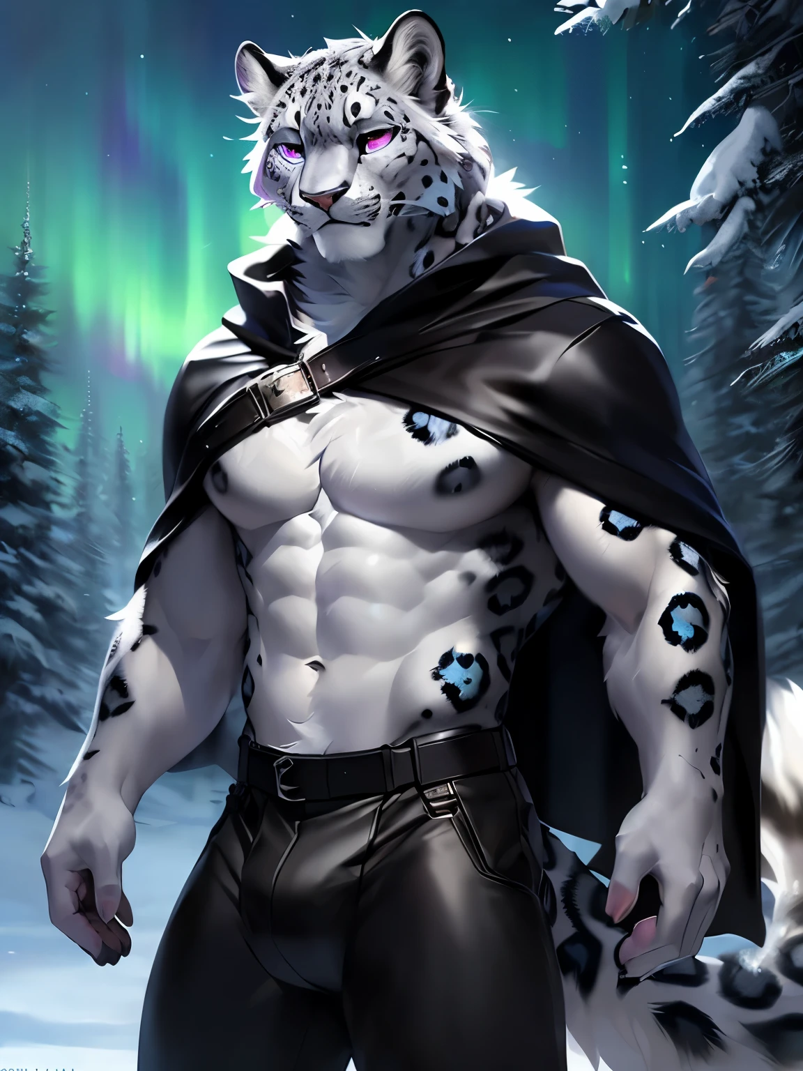 ((solo)), by Pino Daeni, by Ruan Jia, by Shiitakemeshi, by Alayna Lemmer, by Carlo Galli Bibiena, dynamic  portrait of  a handsome ((male anthro furry snow_leopard)) in an icy forest. Full body. Biceps, muscular, large pecs. Young, thin. he is wearing leather cloak, tight underwear, huge bulge, huge balls, genital outline, (((handsome, proud, detailed face, detailed clear eyes and pupils,  detailed hair, (fluffy))), (magical vibe), hair, tuft ), insane details, 8k,  unreal engine, cold volumetric light,  masterpiece , blurred background, cinematic composition.(detailed Chunie lighting), (detailed fur), (((crepuscular ray))), adorable paws:1.3, realistic proportion,aurora,