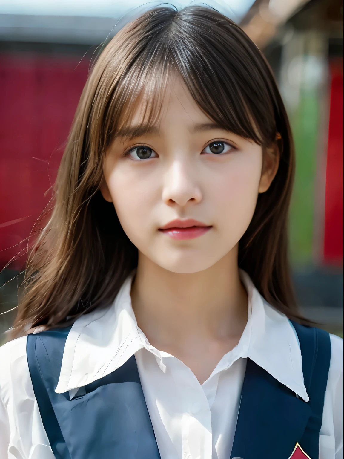 (Raw photo, Best Quality), (Realistic, Photorealsitic:1.3), masutepiece, Extremely delicate and beautiful, Soft light, (Black hair,Long hair, layers-Cut), Beautiful detailed girl, (Precise fingers, Eyes and faces with detailed, beautiful detailed nose, Beautiful detailed eyes, 1 girl, japanes, Neat and clean beauty, Cute, 年轻, In uniform, (Half body:1.3), (medium breasts), Realistic face, Realistic body, Classroom
