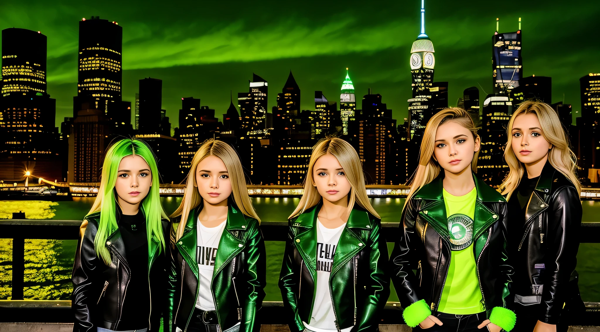 three girls in leather jackets standing next to each other in front of a city skyline, estilo s powerpuff, vestindo roupas verdes, neon verde, Estilo Gotham City, next gen, verde e preto, roupas verdes, brilho verde, brilho verde, cores verdes, pele verde!, cores verde e preto, childrens, godesses, F/4, F / 4
