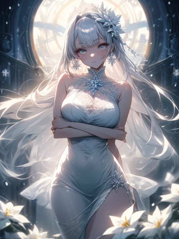 Paradise in Heaven, White lighting,(masutepiece), (Best Quality), (Cinematic), 8K, (art  stations), Li Yue painting style.(長いWhite hairとSilvery eyesを持つ1人の女), (Beautiful delicate face)、[ Particle Lou Full Moon] [Frozen trees々] [landscape crystal] [Lighting] [Ethereal Atmosphere]:1.1] [Fantasy, short story] [soft Lighting] [+Cinematic shot]:1.2 [+art  stations] [+luminous white background] [+soft Lighting] [soft glow] [Creative and dynamic angles]:1.3, [+Crystal Toning] 、masutepiece, ighly detailed, Ultra-detailed, Solo, (pale skin), Silvery eyes, White hair, (snowy background), (snowflake rosen flower:1.0), (shining crystal),, (Snowy ground), (White lashes), Female sexy、dreamy and detailed, Gorgeous setting, 妖しい雰囲気 masutepiece, The most beautiful scenes, An majestic、(((full of white flowers)))、quiet and serene atmosphere、A charming, all white tones,Inside the crystal library,Transparent flowers and falling snow，Many white roses are planted,(flowingwater,falls,water bloom),The decoration is also carefully done.,Dreamy（ighly detailedです，Creative Design，crisp and precise lines，K HD，best qualtiy，tmasterpiece，超hight resolution，4K）、Diverse poses、((beautiful white flower hair ornament))、Beautiful hairstyle、(Best Quality, 4K, 8K, hight resolution, masutepiece:1.2), Ultra-detailed, Detailed expression, Graceful posture, expressive brush strokes, mystic atmosphere, artistic interpretation,Delicate floral jewelry， (((Detailed design、Beautiful lace translucent dress、see-through small dress)))、(SFW:1.5), (Oversized breasts, best body proportions, proportions of large breasts,:1.5),(white decoration on thigh)、((Beautiful crystal accessories on the legs))。((Beautiful crystal accessories on the arm))、(((maikurobikini)))