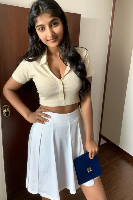 Indian schoolgirl, 18 yo, petite, busty ((features a mix of Monica Bellucci at 18 yo and Macarena Garcia at 18 yo)), passport size photo, symmetric  face,long black wavy hair,bedroom, beautiful detailed eyes, uniform,standing,full length, naked