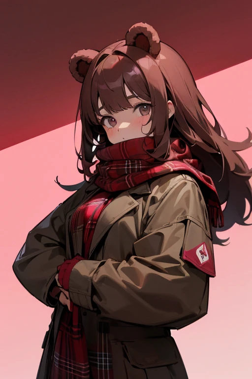 girl with bear ears (pink on the inside), brown hair and bangs, and red scarf with tartan pattern with grey eyes. Dynamic background behind
