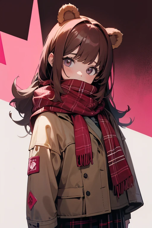 girl with bear ears (pink on the inside), brown hair and bangs, and red scarf with tartan pattern with grey eyes. Dynamic background behind