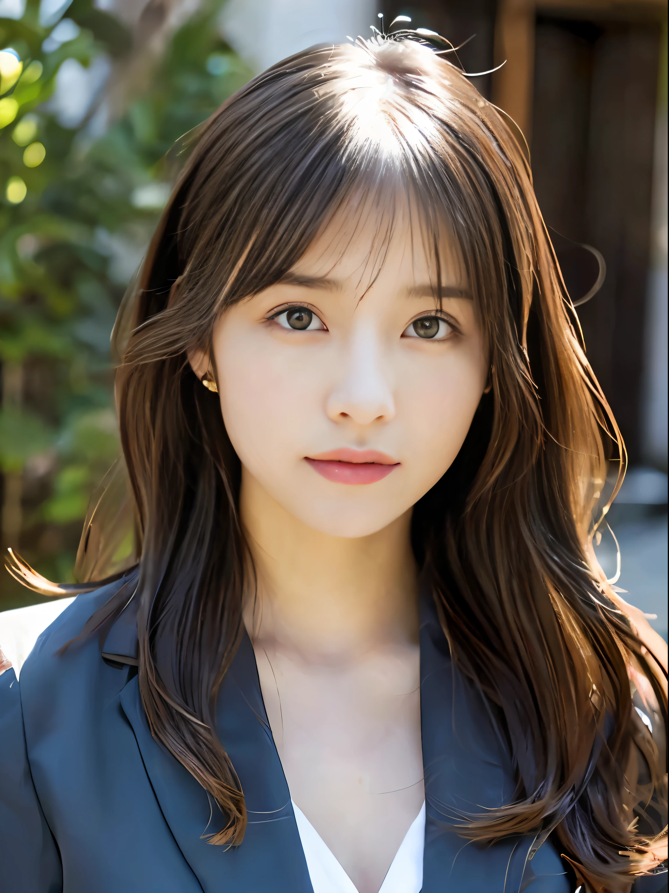 (Raw photo, Best Quality), (Realistic, Photorealsitic:1.3), masutepiece, Extremely delicate and beautiful, Soft light, (Black hair,Long hair, layers-Cut), Beautiful detailed girl, (Precise fingers, Eyes and faces with detailed, beautiful detailed nose, Beautiful detailed eyes, 1 girl, Japanese, Neat and clean beauty, Cute, 年轻, In a suit，sit a chair (Half body:1.3), (medium breasts), Realistic face, Realistic body, （s Office）