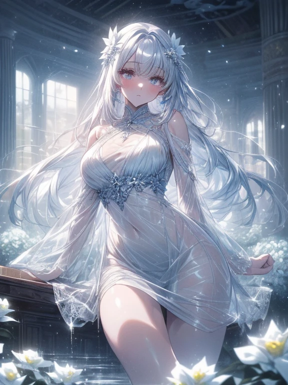 Paradise in Heaven, White lighting,(masutepiece), (Best Quality), (Cinematic), 8K, (art  stations), Li Yue painting style.(長いWhite hairとSilvery eyesを持つ1人の女), (Beautiful delicate face)、[ Particle Lou Full Moon] [Frozen trees々] [landscape crystal] [Lighting] [Ethereal Atmosphere]:1.1] [Fantasy, short story] [soft Lighting] [+Cinematic shot]:1.2 [+art  stations] [+luminous white background] [+soft Lighting] [soft glow] [Creative and dynamic angles]:1.3, [+Crystal Toning] 、masutepiece, ighly detailed, Ultra-detailed, Solo, (pale skin), Silvery eyes, White hair, (snowy background), (snowflake rosen flower:1.0), (shining crystal),, (Snowy ground), (White lashes), Female sexy、dreamy and detailed, Gorgeous setting, 妖しい雰囲気 masutepiece, The most beautiful scenes, An majestic、(((full of white flowers)))、quiet and serene atmosphere、A charming, all white tones,Inside the crystal library,Transparent flowers and falling snow，Many white roses are planted,(flowingwater,falls,water bloom),The decoration is also carefully done.,Dreamy（ighly detailedです，Creative Design，crisp and precise lines，K HD，best qualtiy，tmasterpiece，超hight resolution，4K）、Diverse poses、((beautiful white flower hair ornament))、Beautiful hairstyle、(Best Quality, 4K, 8K, hight resolution, masutepiece:1.2), Ultra-detailed, Detailed expression, Graceful posture, expressive brush strokes, mystic atmosphere, artistic interpretation,Delicate floral jewelry， (((Detailed design、Beautiful lace translucent dress、see-through small dress)))、(SFW:1.5), (Oversized breasts, best body proportions, proportions of large breasts,:1.5),(white decoration on thigh)、((Beautiful crystal accessories on the legs))。((Beautiful crystal accessories on the arm))、(((maikurobikini)))