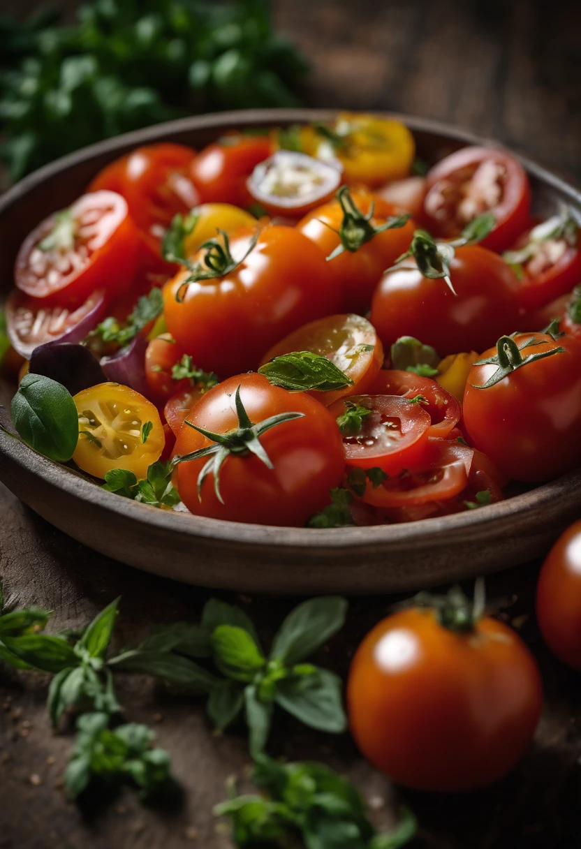 a high-angle shot of a tomato salad, featuring a variety of sliced tomatoes, fresh herbs, and other colorful ingredients, creating an appetizing and visually appealing composition