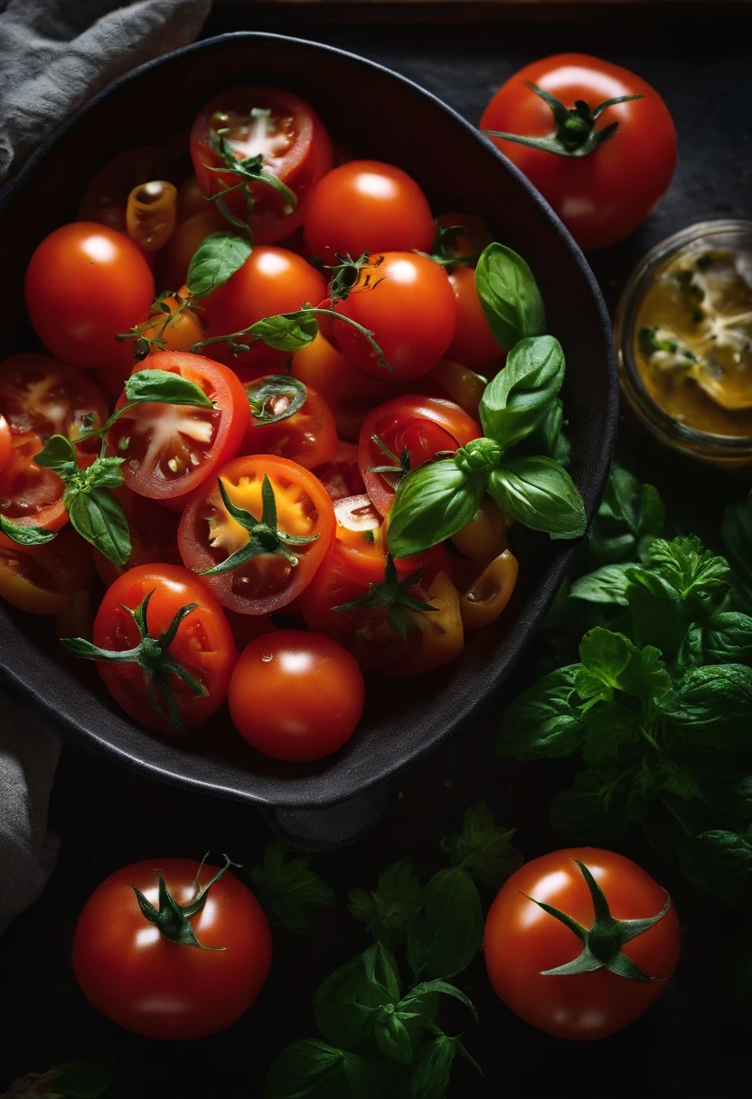 a high-angle shot of a tomato salad, featuring a variety of sliced tomatoes, fresh herbs, and other colorful ingredients, creating an appetizing and visually appealing composition