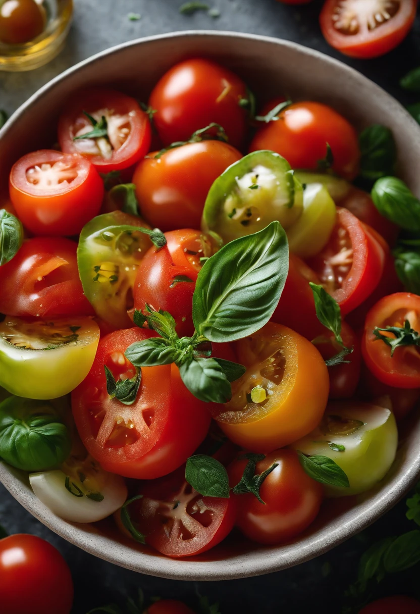 a high-angle shot of a tomato salad, featuring a variety of sliced tomatoes, fresh herbs, and other colorful ingredients, creating an appetizing and visually appealing composition