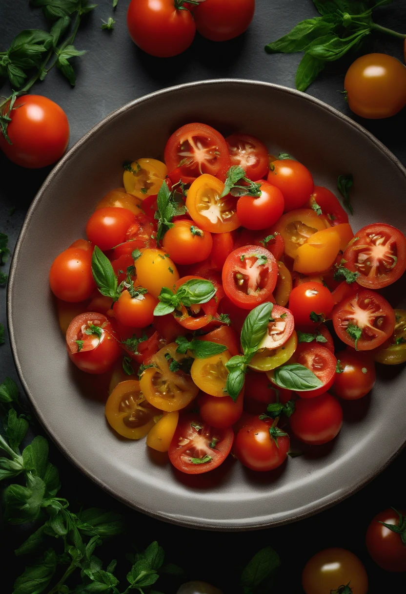 a high-angle shot of a tomato salad, featuring a variety of sliced tomatoes, fresh herbs, and other colorful ingredients, creating an appetizing and visually appealing composition