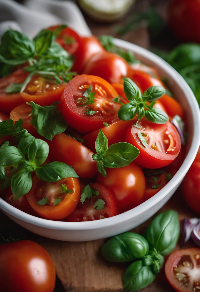 a high-angle shot of a tomato salad, featuring a variety of sliced tomatoes, fresh herbs, and other colorful ingredients, creating an appetizing and visually appealing composition