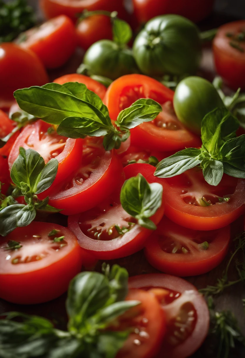 a high-angle shot of a tomato salad, featuring a variety of sliced tomatoes, fresh herbs, and other colorful ingredients, creating an appetizing and visually appealing composition