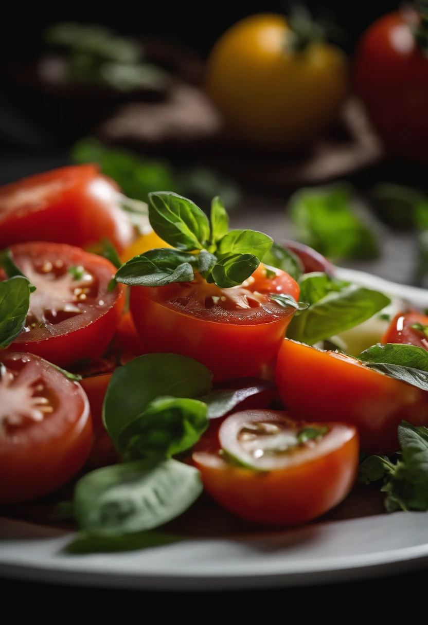 a high-angle shot of a tomato salad, featuring a variety of sliced tomatoes, fresh herbs, and other colorful ingredients, creating an appetizing and visually appealing composition