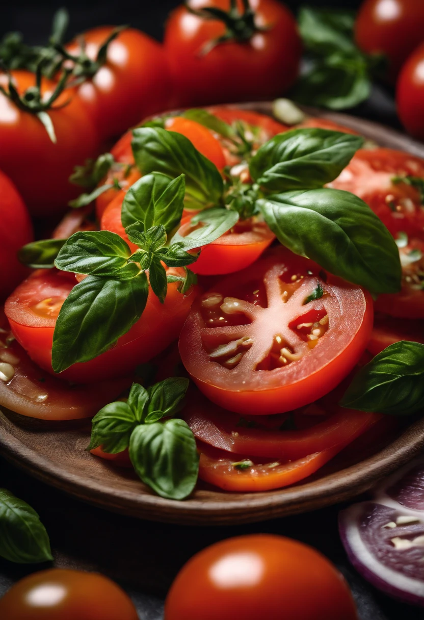 a high-angle shot of a tomato salad, featuring a variety of sliced tomatoes, fresh herbs, and other colorful ingredients, creating an appetizing and visually appealing composition