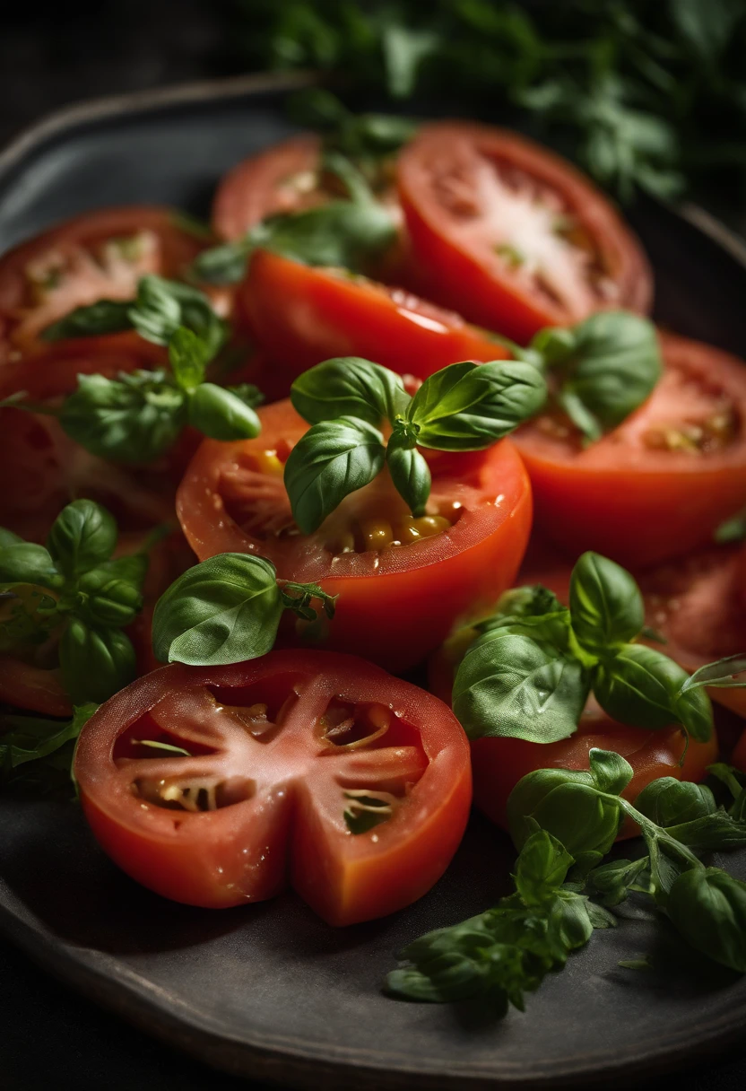 a high-angle shot of a tomato salad, featuring a variety of sliced tomatoes, fresh herbs, and other colorful ingredients, creating an appetizing and visually appealing composition