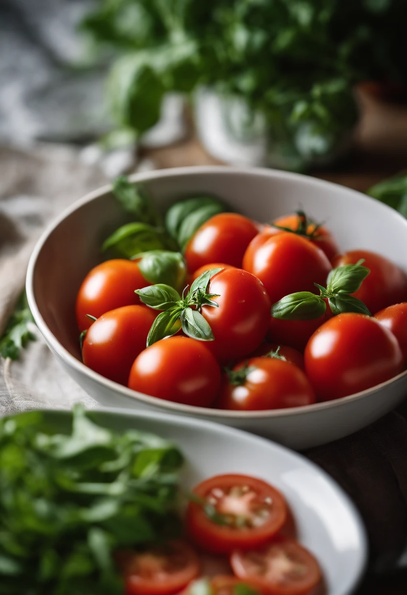 a high-angle shot of a tomato salad, featuring a variety of sliced tomatoes, fresh herbs, and other colorful ingredients, creating an appetizing and visually appealing composition