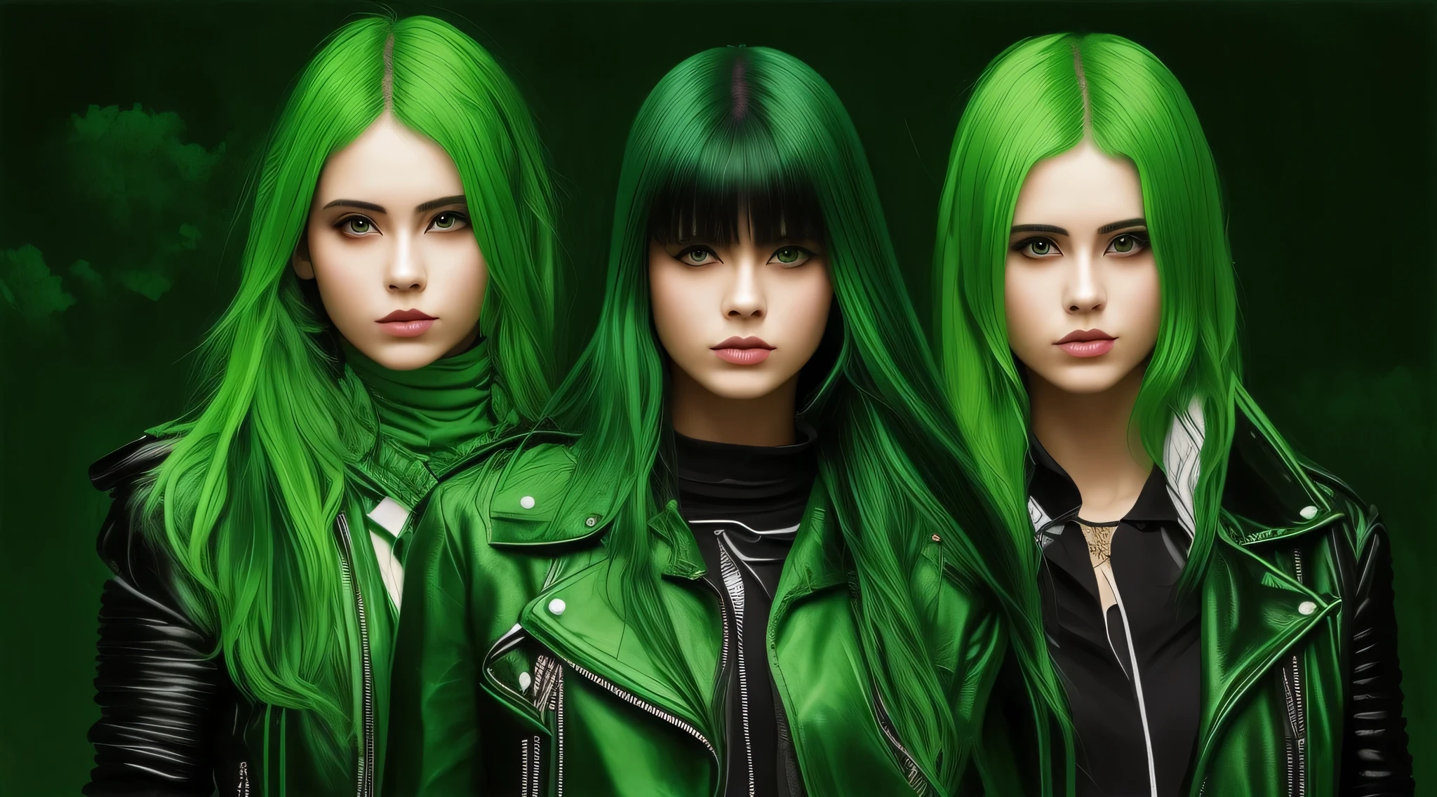 three girls with green hair and black leather jackets posing for a photo, cores verdes, Perfect Android girl family, vestindo roupas verdes, cores verdes, roupas verdes, pele verde!, pele de cor verde!!, brilho verde, pele de cor verde, roupas verdes, pele verde, Magia Verde, em estilo de pintura digital, tonalidade verde, s jovens, neon verde, pintura digital brilhante