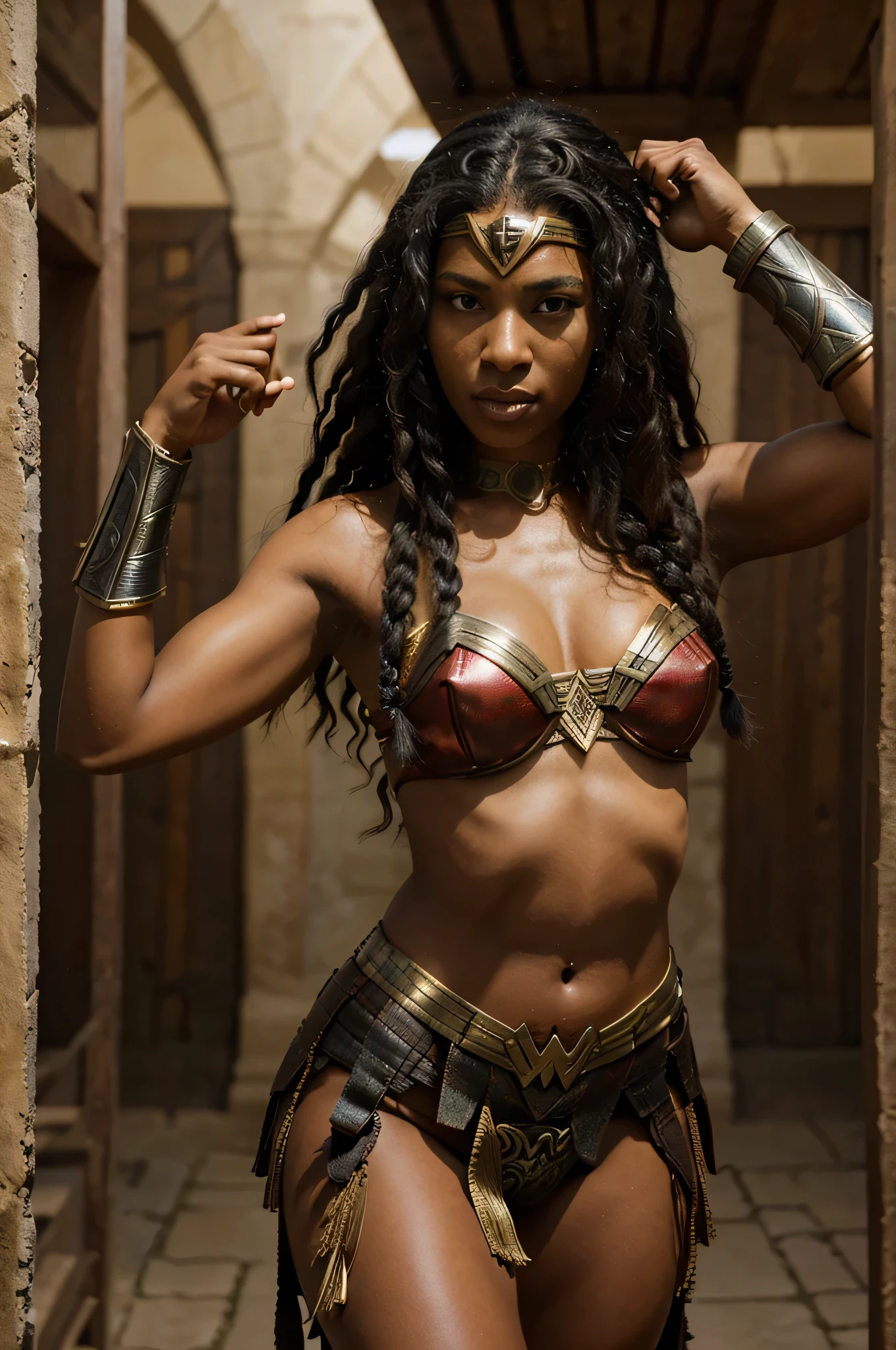 Wonder Woman in the black and African version would be a powerful and inspiring warrior, with physical and cultural characteristics that reflect African heritage. Ela teria uma pele de tom escuro e radiante, curly or braided hair, and expressive eyes that reflect the strength and wisdom of your lineage.
His armor and attire would be adorned with African motifs and patterns.., utilizando cores vibrantes e simbolismo que representam a rica cultura do continente. She would carry with her weapons and artifacts inspired by African history and mythology, showing their connection to the traditions and legends of their land.
In addition to his physical strength and combat skills, African Wonder Woman would also be an advocate for justice and equality, combat oppression and promote harmony among people. Its origin story may be linked to African myths and legends, highlighting your connection to nature and ancestral spirits.