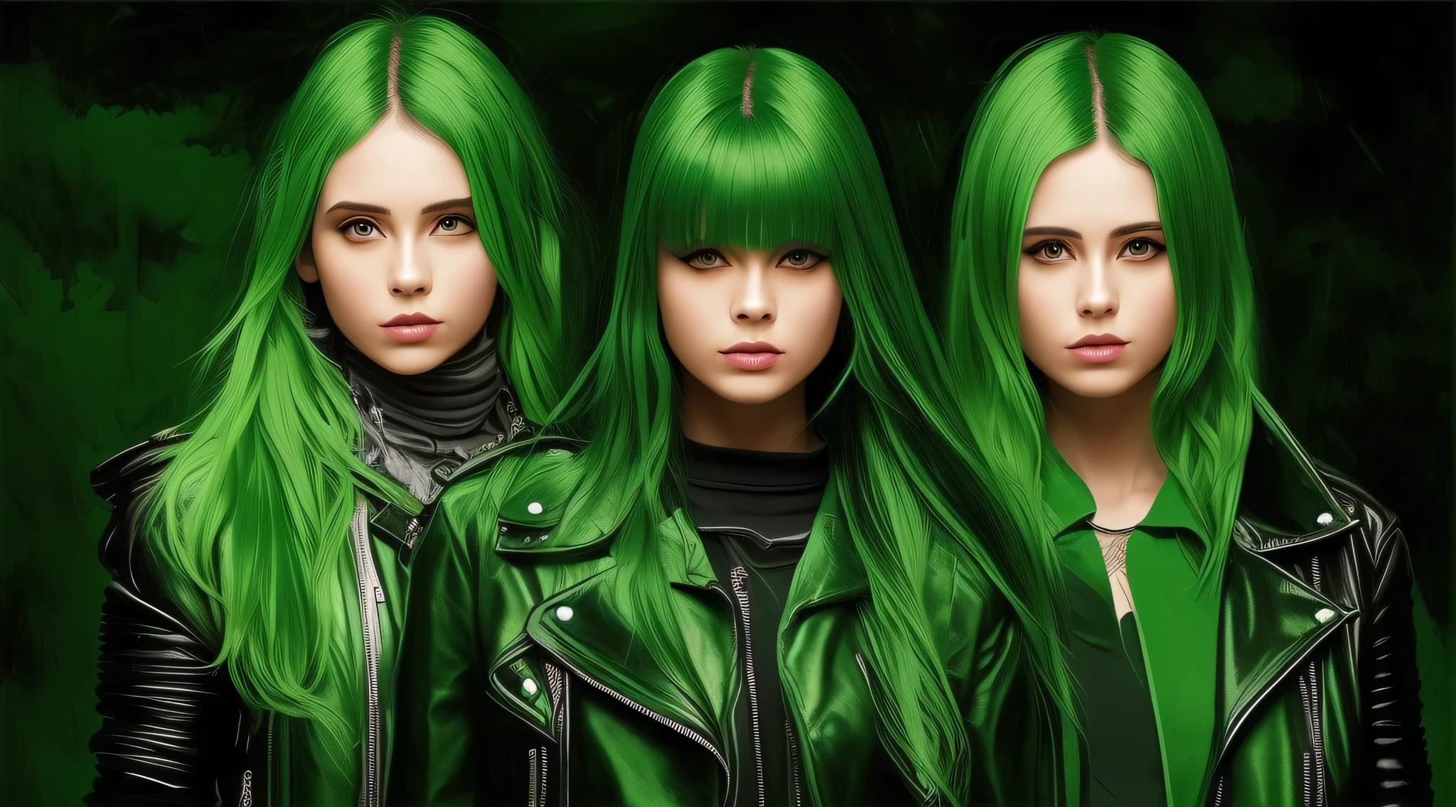 three girls with green hair and black leather jackets posing for a photo, cores verdes, Perfect Android girl family, vestindo roupas verdes, cores verdes, roupas verdes, pele verde!, pele de cor verde!!, brilho verde, pele de cor verde, roupas verdes, pele verde, Magia Verde, em estilo de pintura digital, tonalidade verde, s jovens, neon verde, pintura digital brilhante