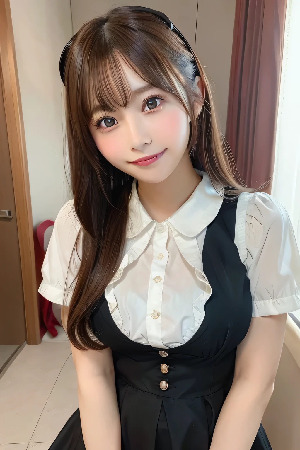 1girl in, Extremely cute face,​masterpiece, top-quality, Ultra-fine、Colossal tits, Brown hair,出しゃばりなBust, Bust, Maids, 独奏, Colossal tits, Valley, A smile, Maids服, line of sight, Brown hair, mischief,dish, Valley、beutiful breast、a miniskirt、 realisitic, Collar, Grinning, 牙, pinafore, on hand, inside in room、nogizaka、Beautiful black eyes:1.３、17-year-old schoolgirl