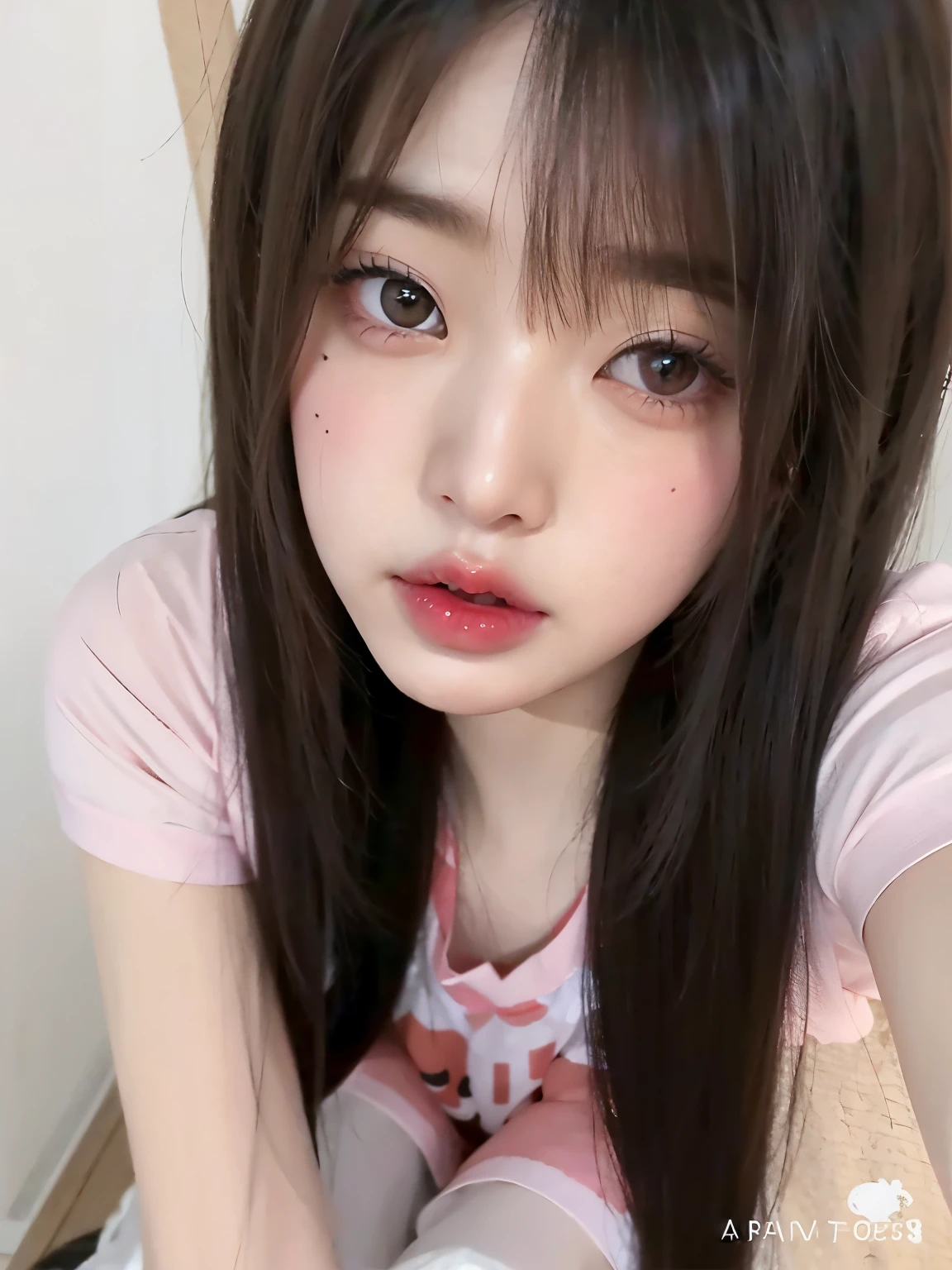 Un primer plano de una mujer con cabello largo y una camisa rosa, Linda cara de anime natural, chica linda-fina-cara, ulzzang, Sakimichan, Linda chica kawaii, Joven y adorable rostro coreano, con cara linda - fina -, Ella tiene una cara linda, Wan adorable cara coreana, with cute doting eyes, young cute wan asian face