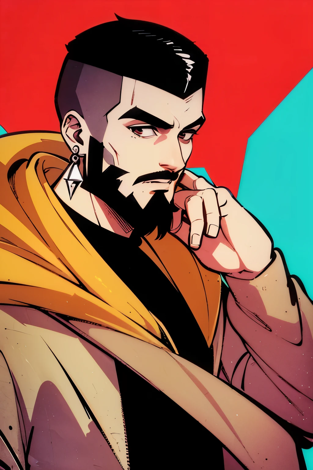 (best quality, highres, ultra-detailed:1.2), realistic, black-and-white photography, close-up portrait, a guy with buzz cut, full beard, sharp jawline, captivating gaze, expressive eyes, a subtle smile, black hair, hanging earring on left ear, wearing a hoodie, head turned to left side, hands down, an aesthetic retro art style, moody lighting, cinematic atmosphere