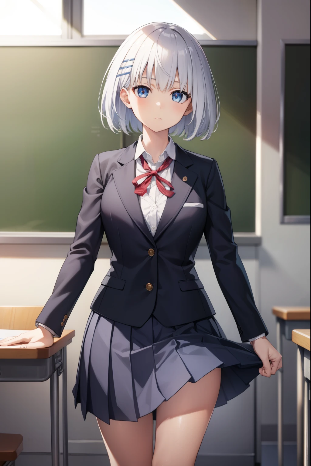 origamitobiichi, origami tobiichi, blue eyes, short hair, school uniform, white hair, hair clips, hair pins,
BREAK school uniform, white shirt, collared shirt, blazer, black blazer, long sleeves, skirt, blue skirt, kneehighs,
BREAK looking at viewer,
BREAK indoors, classroom,
BREAK (masterpiece:1.2), best quality, high resolution, unity 8k wallpaper, (illustration:0.8), (beautiful detailed eyes:1.6), extremely detailed face, perfect lighting, extremely detailed CG, (perfect hands, perfect anatomy),