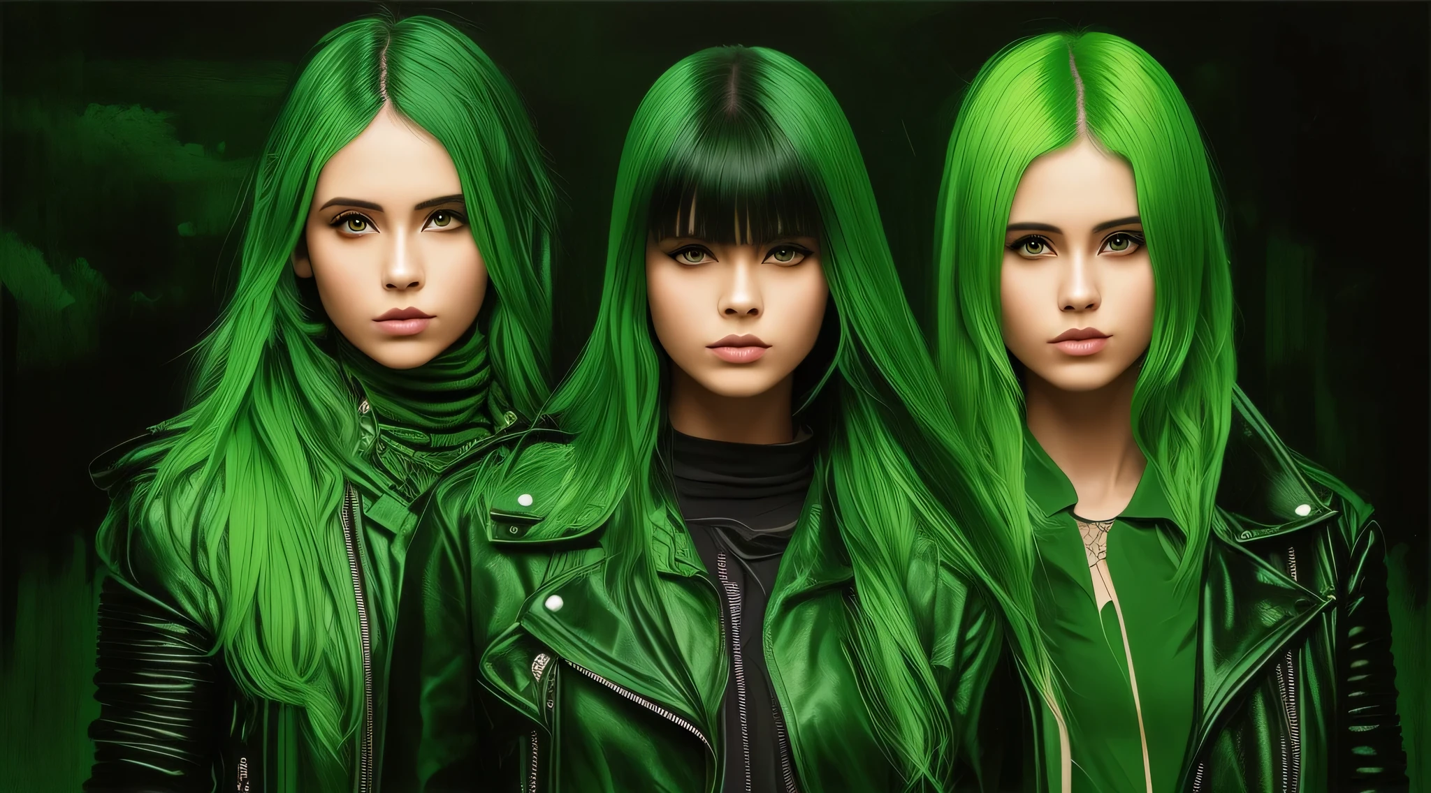 3 boys Russian children with 10 years old, WITH LONG STRAIGHT HAIR, PORTRAIT STYLE, a closeup with green hair and a black shirt, green hair, bright green green hair, green wavy hair, dark green hair, short green hair, green mane, green and black hair, long green hair, disheveled short green hair, dyed hair, green highlights, dyed hair, flowing green hair, green and purple hair, short green bobcut
