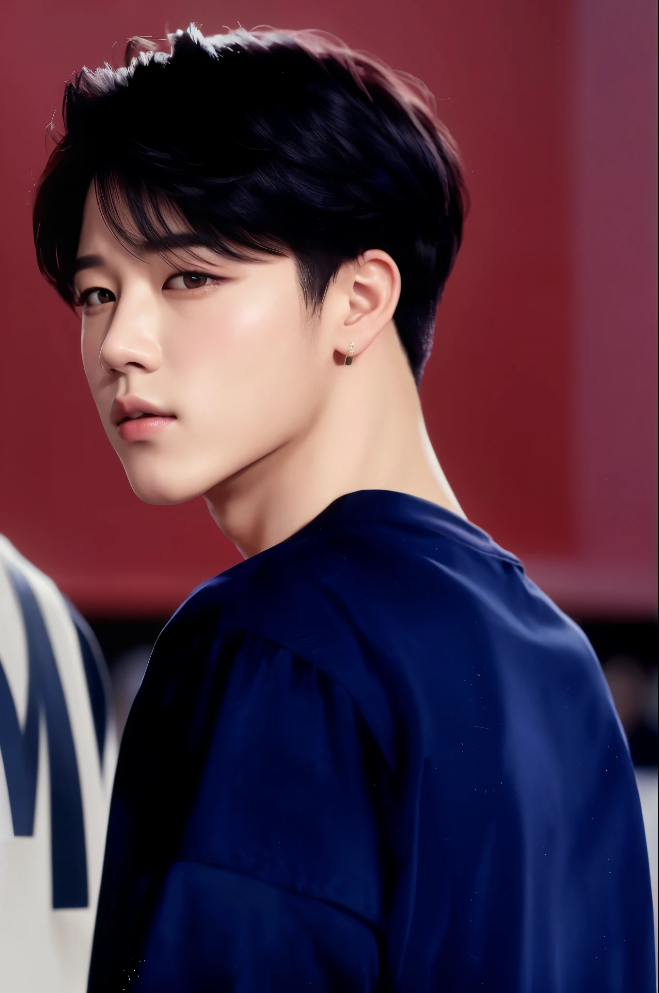Park Jimin in a blue blouse looking at the camera, Jimin\Plump lips, Jimin\Nariz grego, jjimin face, Jimin, park Jimin, Jimin\'s right eyelid swollen, Jimin de cabelos pretos, accurate Jimin face, Bts, Foto de perfil, inspired by Park Jimin handsome young prince
