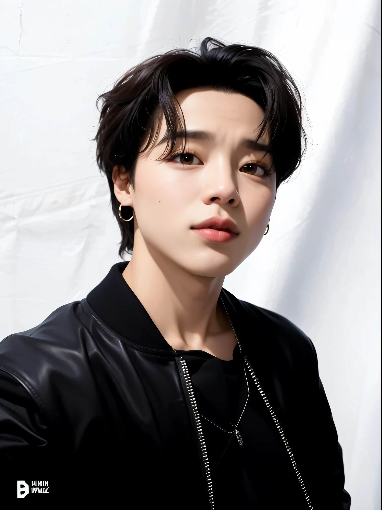 park jimin usando uma jaqueta preta e um colar, park Jimin, Jimin, jimin, Jimin\Nariz grego, Jimin\Plump lips, accurate Jimin face, Jimin\'s right eyelid swollen, inspirado em park jimin do bts
